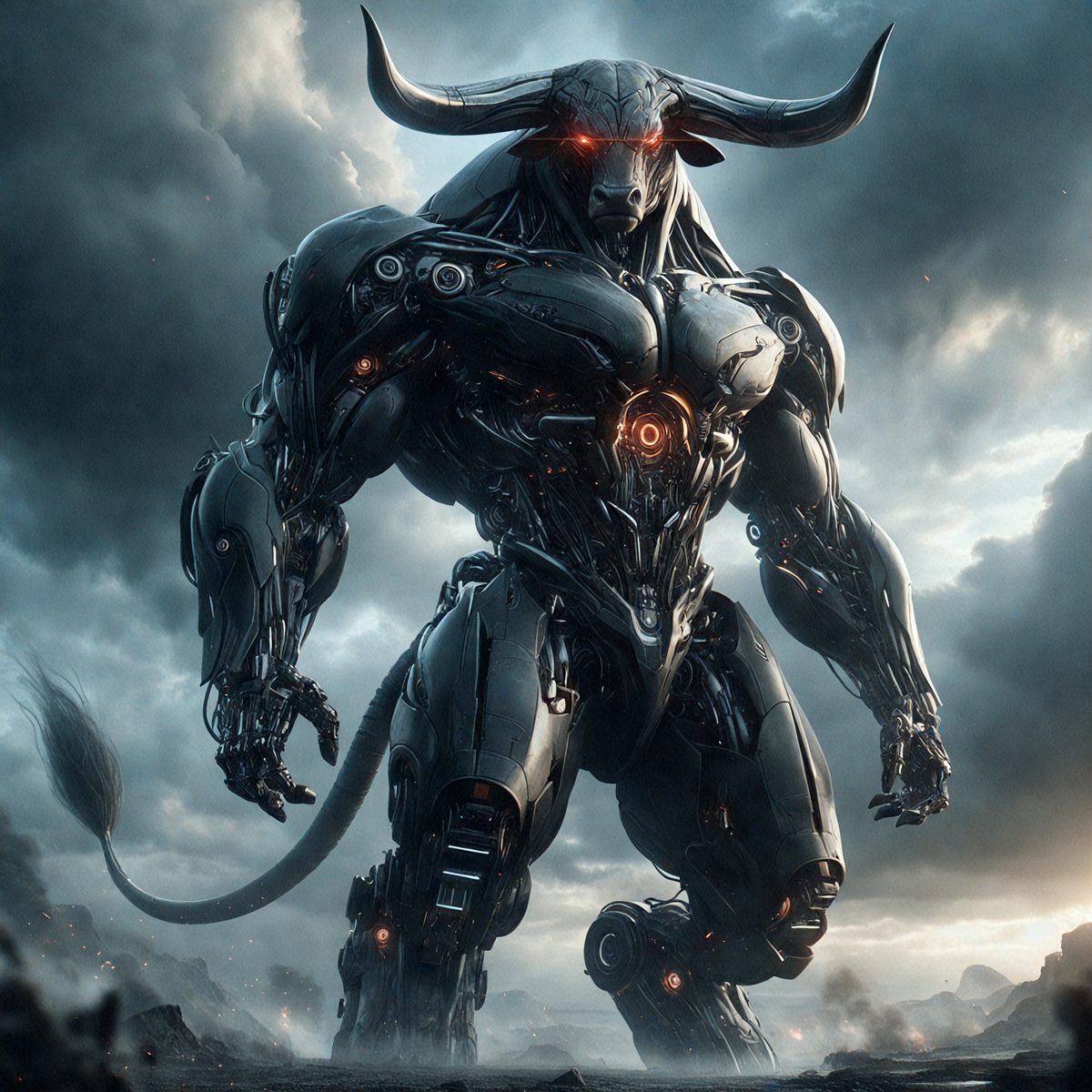 The primary subject of the image is a large robotic bull with horns, standing in a cloudy sky. The robotic bull is the main focus of the image, and it appears to be a futuristic or digital art piece. The setting is a cloudy sky, which serves as the backdrop for the robotic bull. The visual style of the image is digital art or illustration, as it depicts a futuristic or fantastical scene. The colors in the image are predominantly dark and cloudy, creating a moody atmosphere.